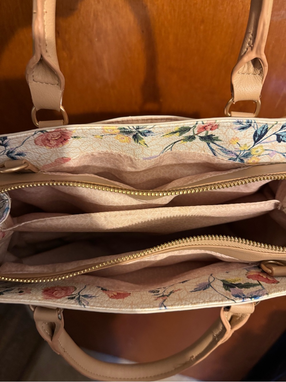 Floral Print Satchel Handbag in Beige - Picture 4 of 12